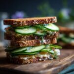 A stack of Cucumber Salad Sandwiches on whole wheat bread, garnished with dill, sitting on a wooden board.