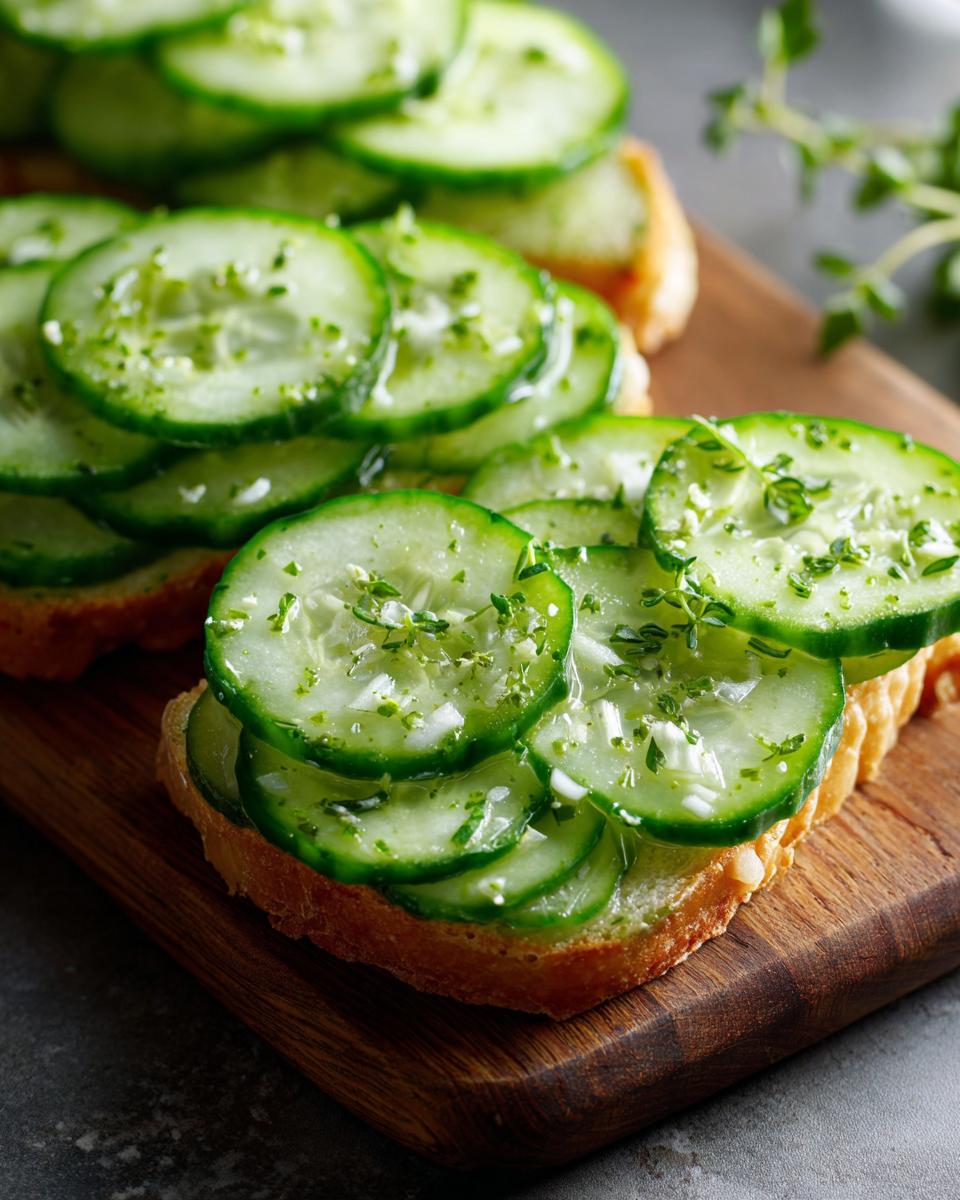 Close-up of Cucumber Salad Sandwiches, featuring sliced cucumbers and herbs on toasted bread.