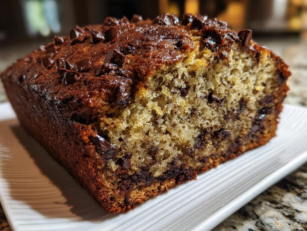 A loaf of Decadent Pumpkin Bread with Chocolate Chips on a white plate, showing the moist interior.