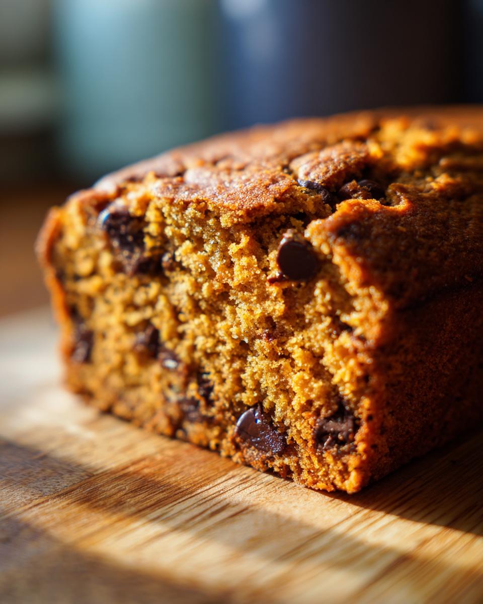 Close-up of a loaf of Decadent Pumpkin Bread with Chocolate Chips on a wooden surface.