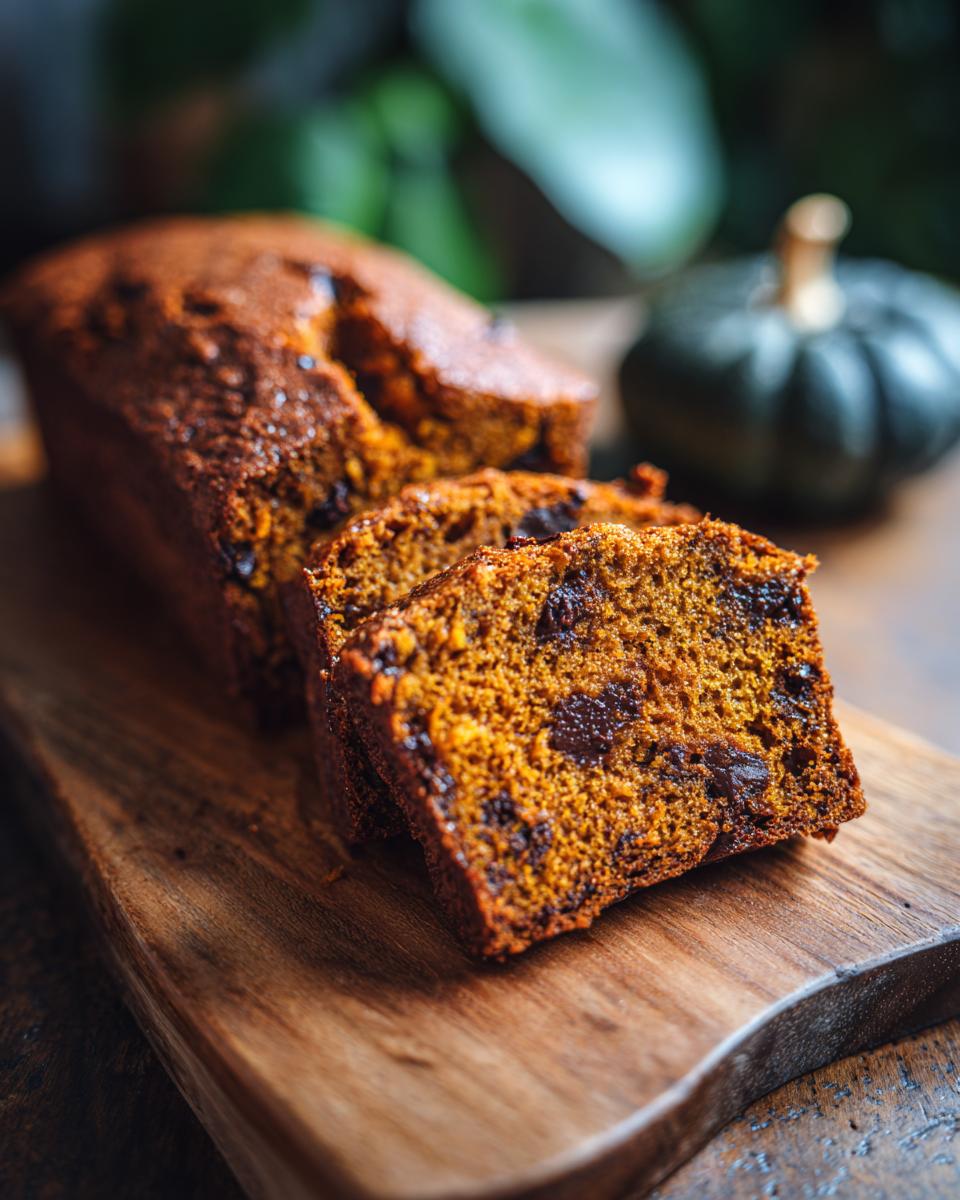 Slices of decadent pumpkin bread with chocolate chips on a wooden board, ready to eat.