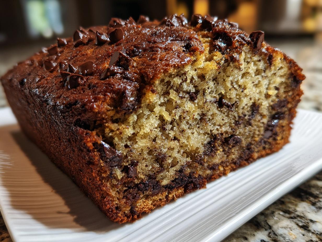 A loaf of Decadent Pumpkin Bread with Chocolate Chips on a white plate, showing the moist interior.