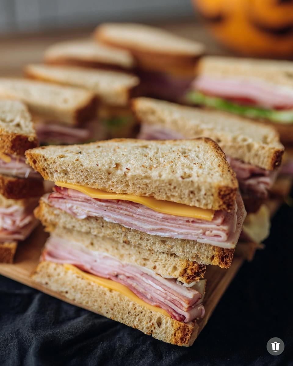 Close-up of stacked DIY Coffin Sandwiches Halloween, featuring ham and cheese on toasted bread.