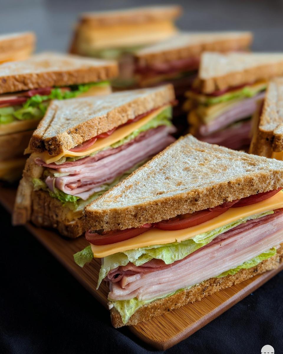 A platter of DIY Coffin Sandwiches for Halloween, featuring layers of ham, cheese, lettuce, and tomato.