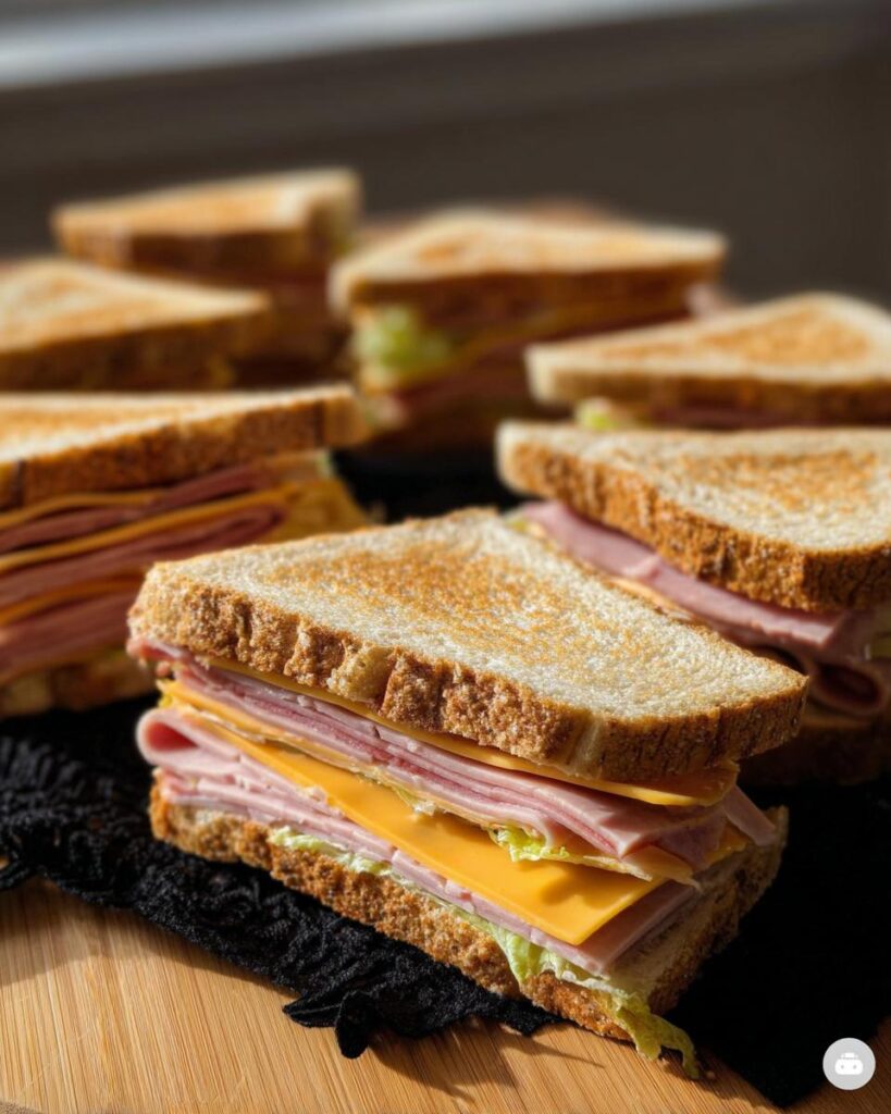 Several DIY Coffin Sandwiches for Halloween, filled with ham, cheese, and lettuce.