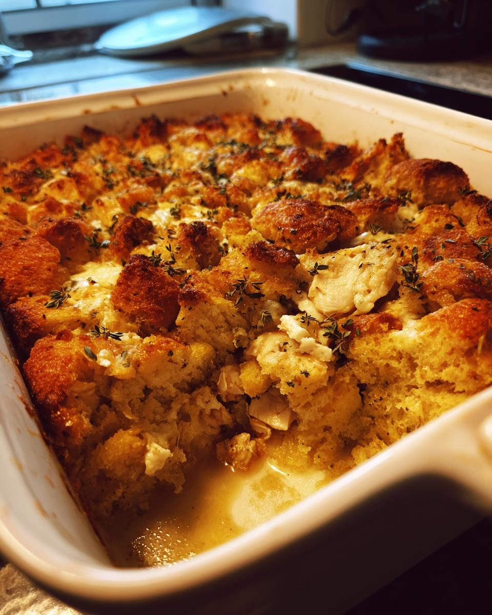 Baked Dolly's Chicken and Stuffing Casserole in a white baking dish, topped with herbs.