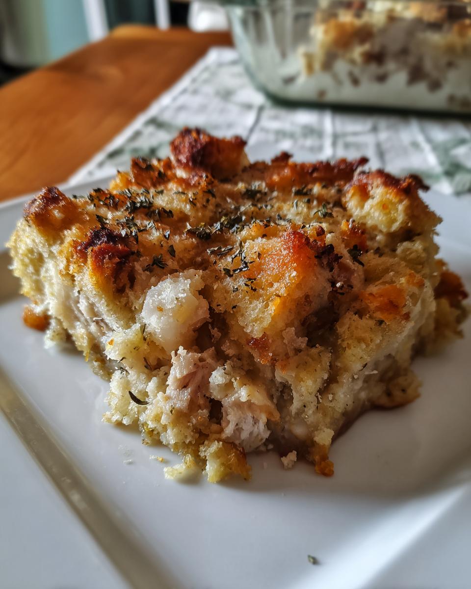 A slice of Dolly's Chicken and Stuffing Casserole on a white plate, garnished with herbs.