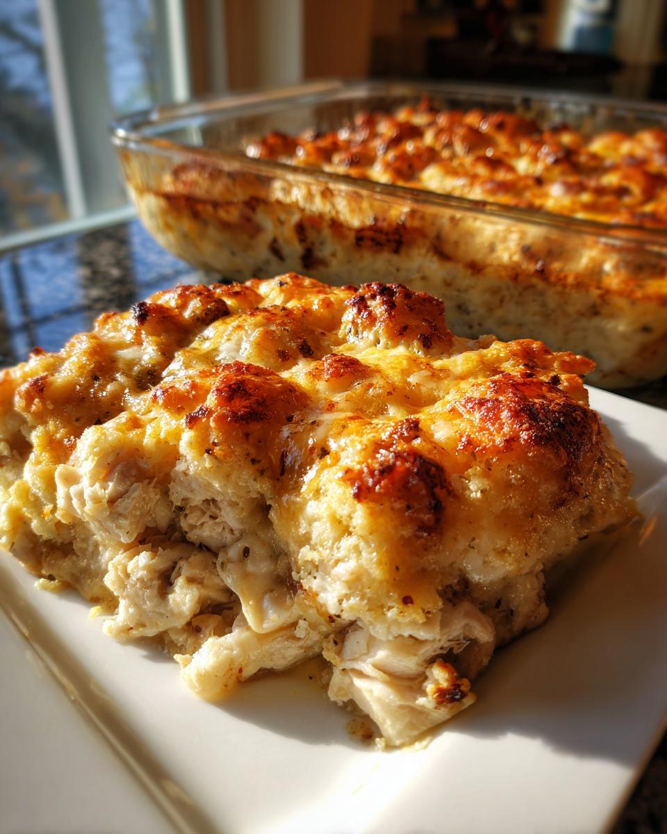 A slice of Dolly's Chicken and Stuffing Casserole on a white plate, with the casserole dish in the background.