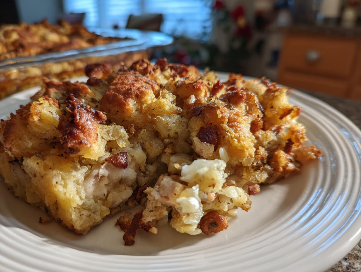 A slice of Dolly's Chicken and Stuffing Casserole on a white plate, showcasing the chicken and stuffing layers.