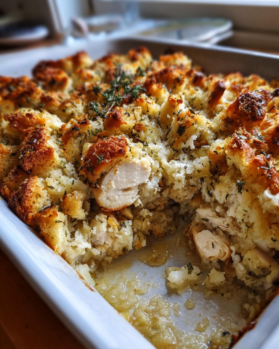 Baked Dolly's Chicken and Stuffing Casserole in a white baking dish, garnished with herbs.