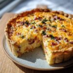 A freshly baked Easy Breakfast Quiche with a slice cut out, showing bacon and cheese filling.