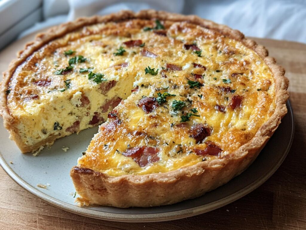A delicious Easy Breakfast Quiche with a slice cut out, revealing bacon and herb filling.