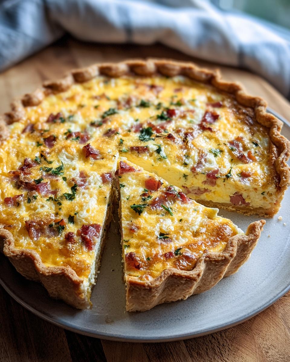 A delicious Easy Breakfast Quiche with a slice cut out, showcasing bacon and herb filling.