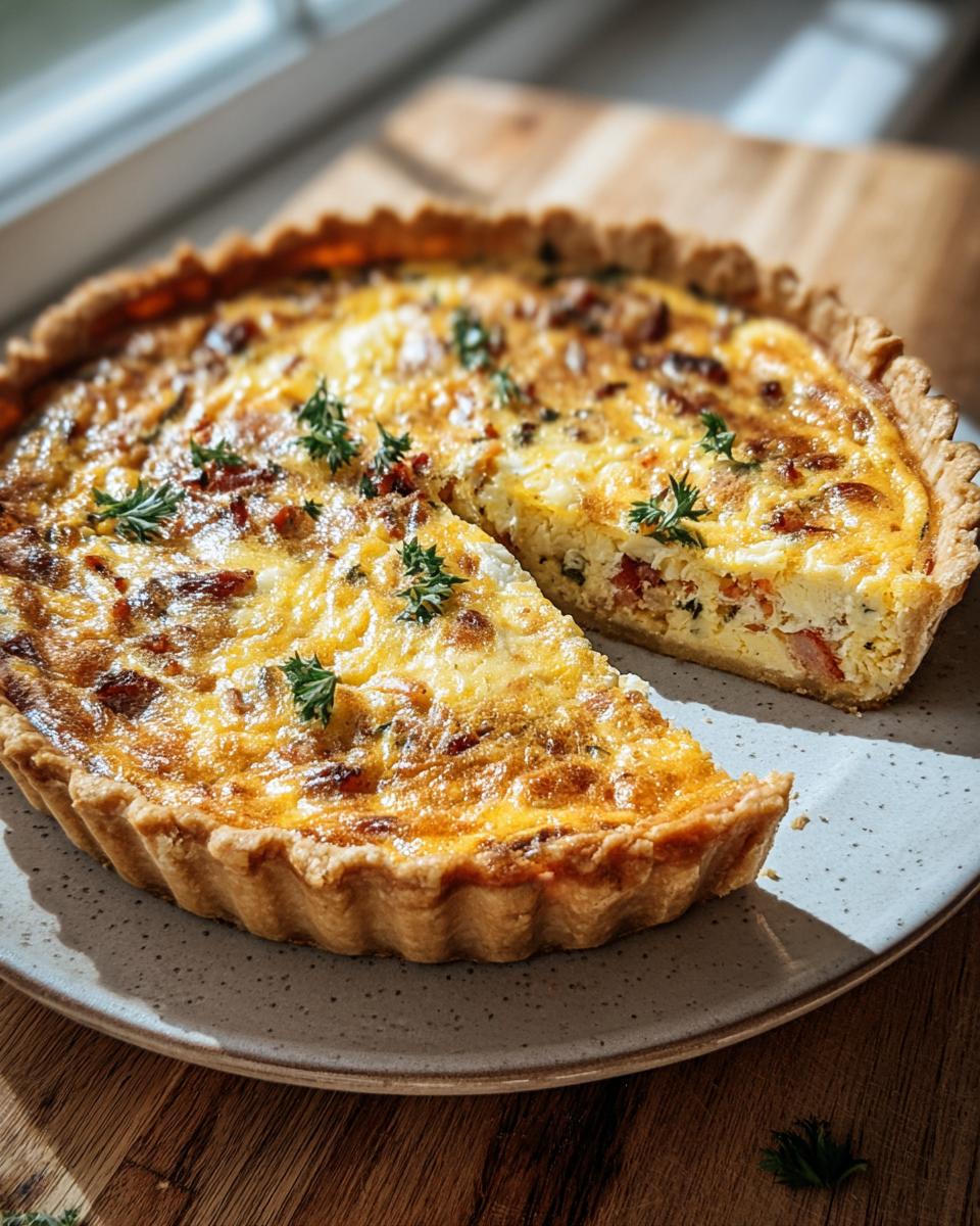 A freshly baked Easy Breakfast Quiche with a slice cut out, showcasing the filling and golden crust.