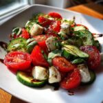 A vibrant Easy Cucumber Caprese Salad with tomatoes, mozzarella, basil, and balsamic glaze on a white plate.