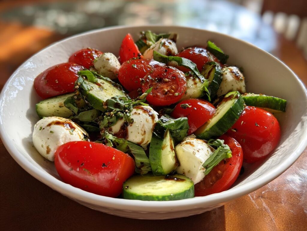 A vibrant Easy Cucumber Caprese Salad in a white bowl, featuring tomatoes, mozzarella, cucumber, basil, and balsamic glaze.