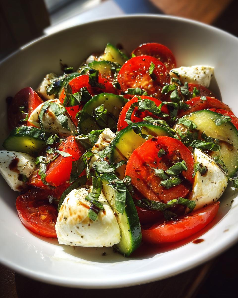 Bowl of Easy Cucumber Caprese Salad with tomatoes, mozzarella, basil, balsamic glaze, and sliced cucumbers.
