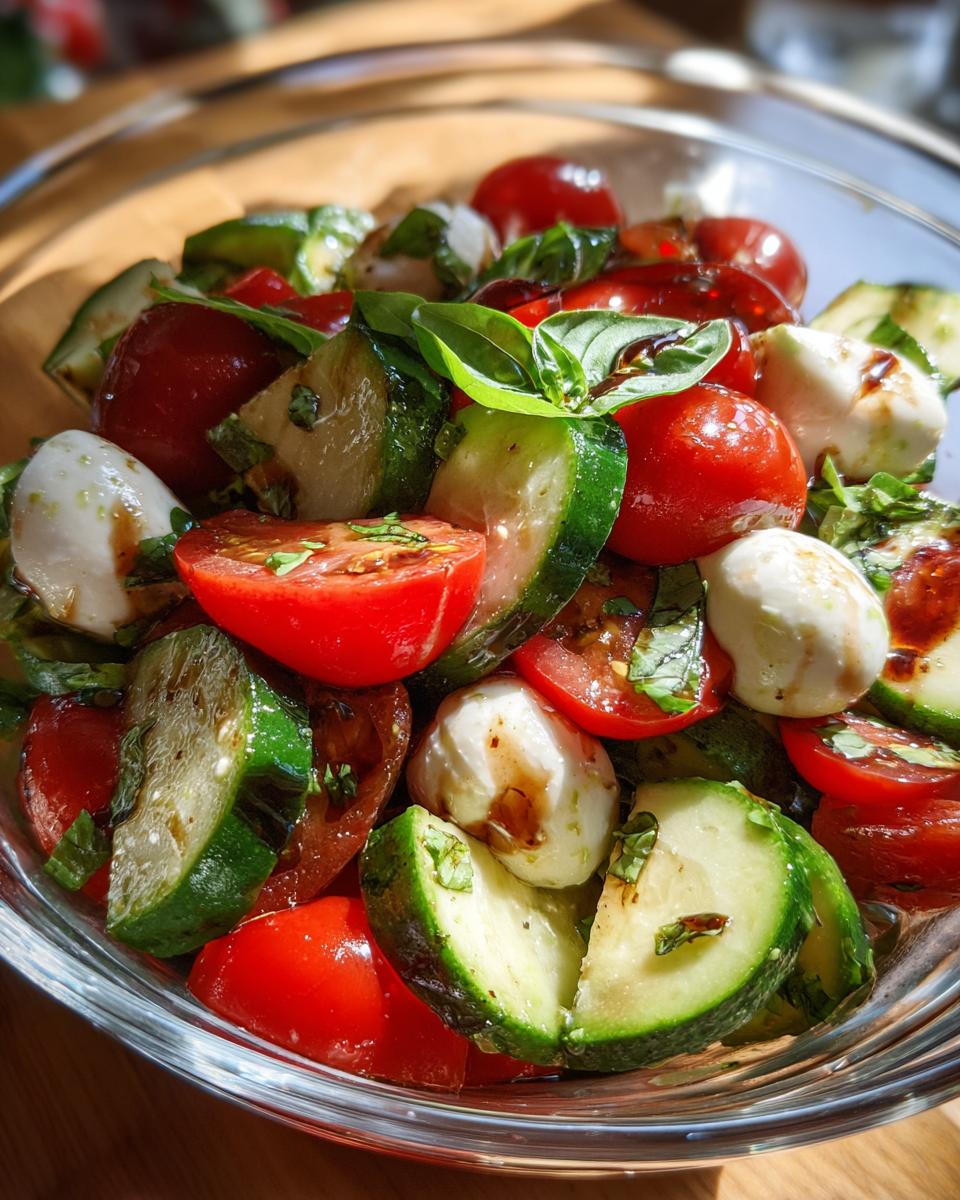Close-up of a vibrant Easy Cucumber Caprese Salad in a glass bowl, featuring cucumbers, tomatoes, mozzarella, and basil.