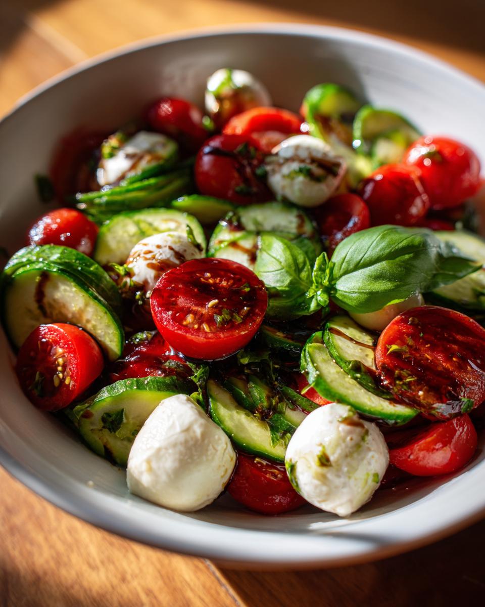 Bowl of Easy Cucumber Caprese Salad with tomatoes, mozzarella, cucumber, basil, and balsamic glaze.