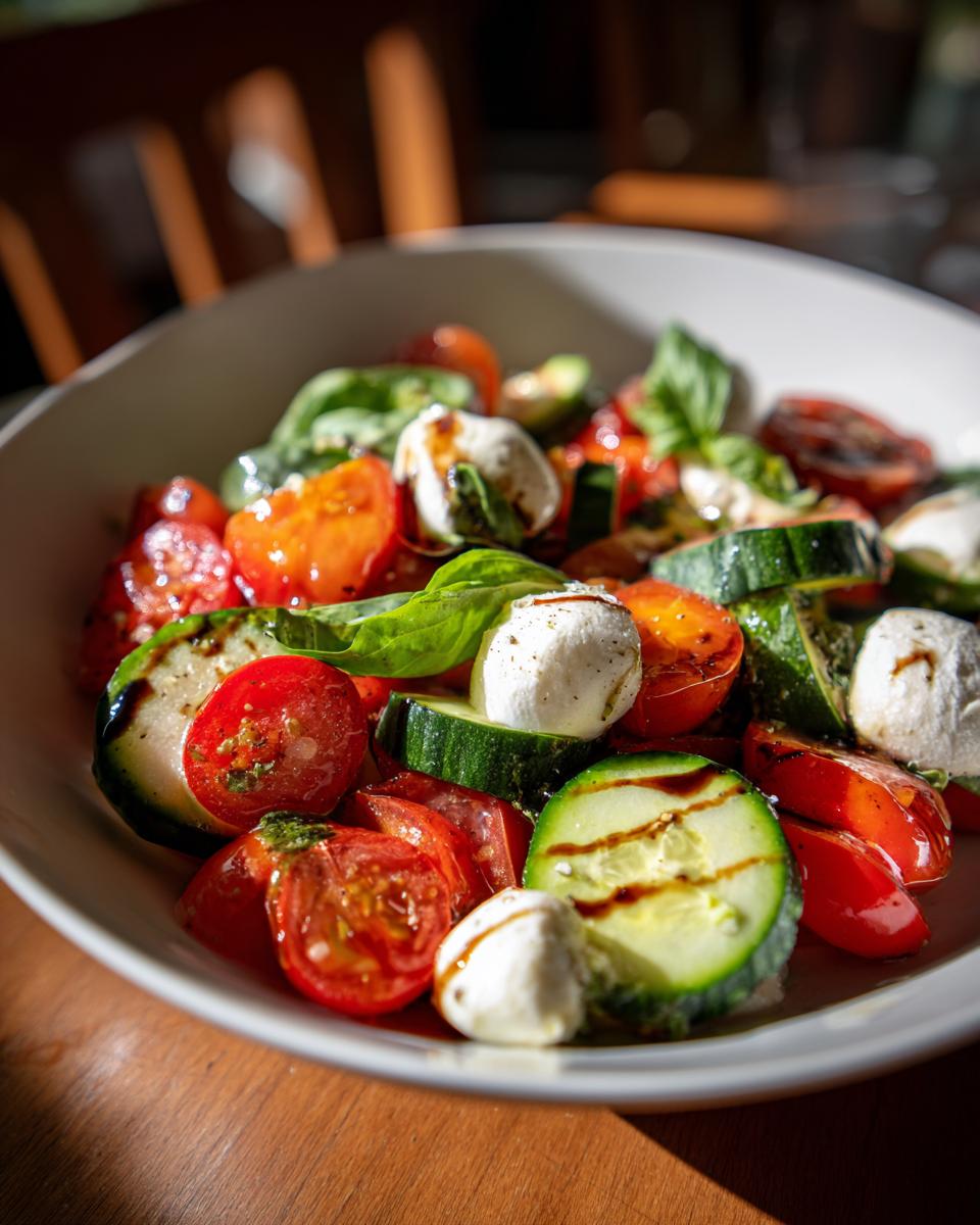 Bowl of Easy Cucumber Caprese Salad with tomatoes, mozzarella, basil, and balsamic glaze.