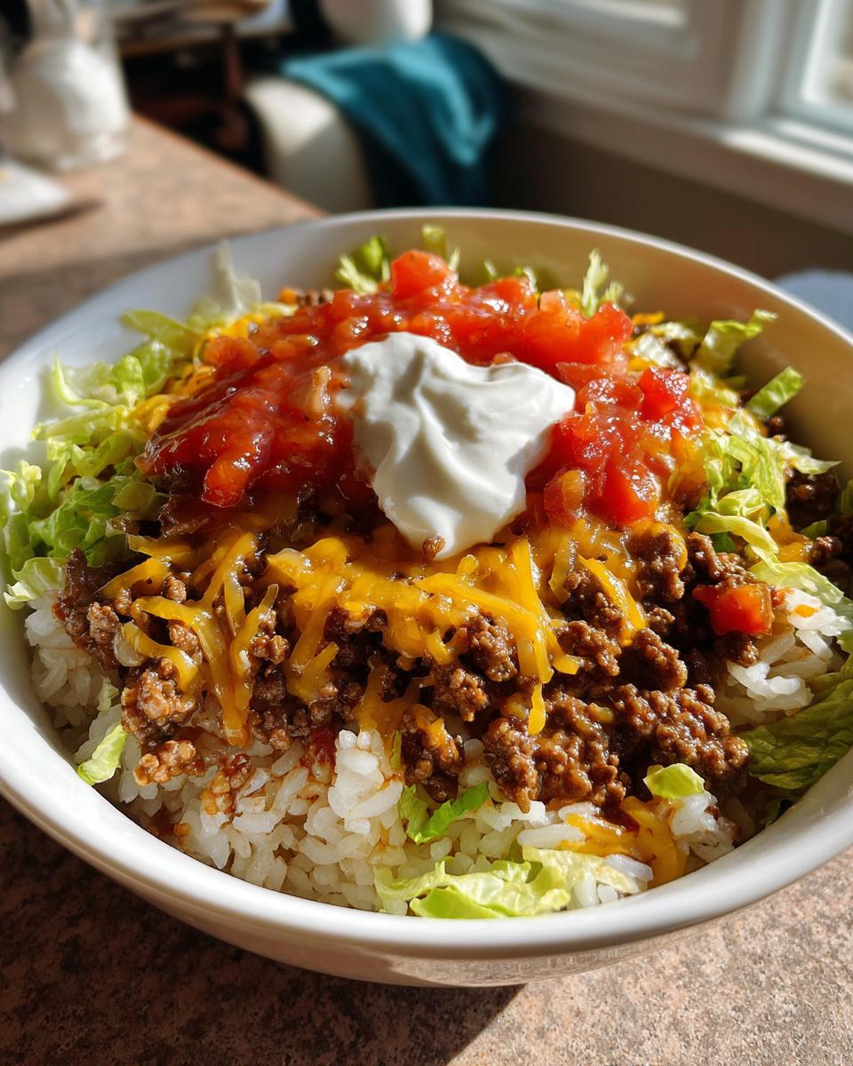 A vibrant Easy Taco Rice Bowl with rice, seasoned ground beef, cheese, lettuce, salsa, and sour cream.