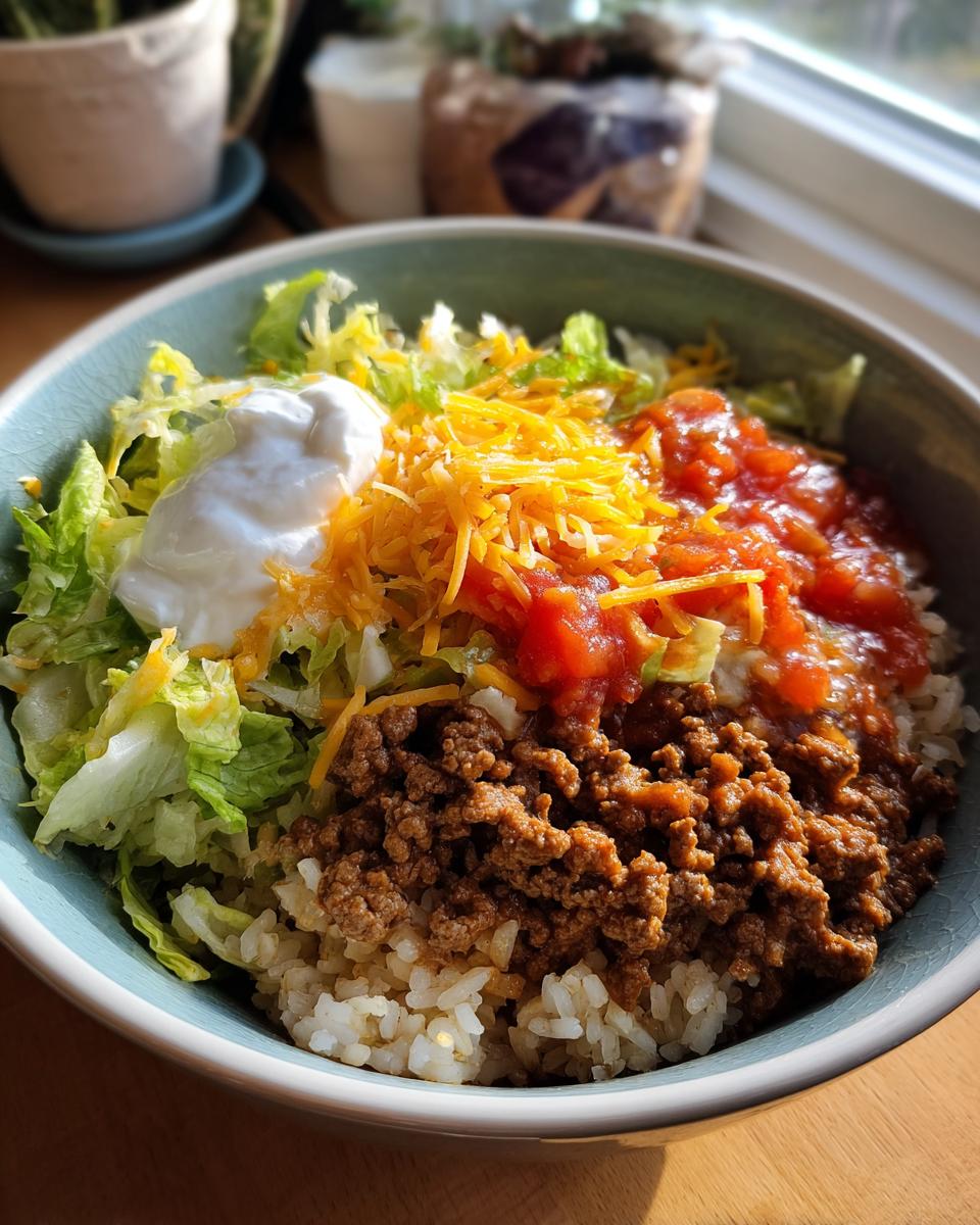 Overhead shot of an Easy Taco Rice Bowl with rice, seasoned beef, lettuce, cheese, salsa, and sour cream.