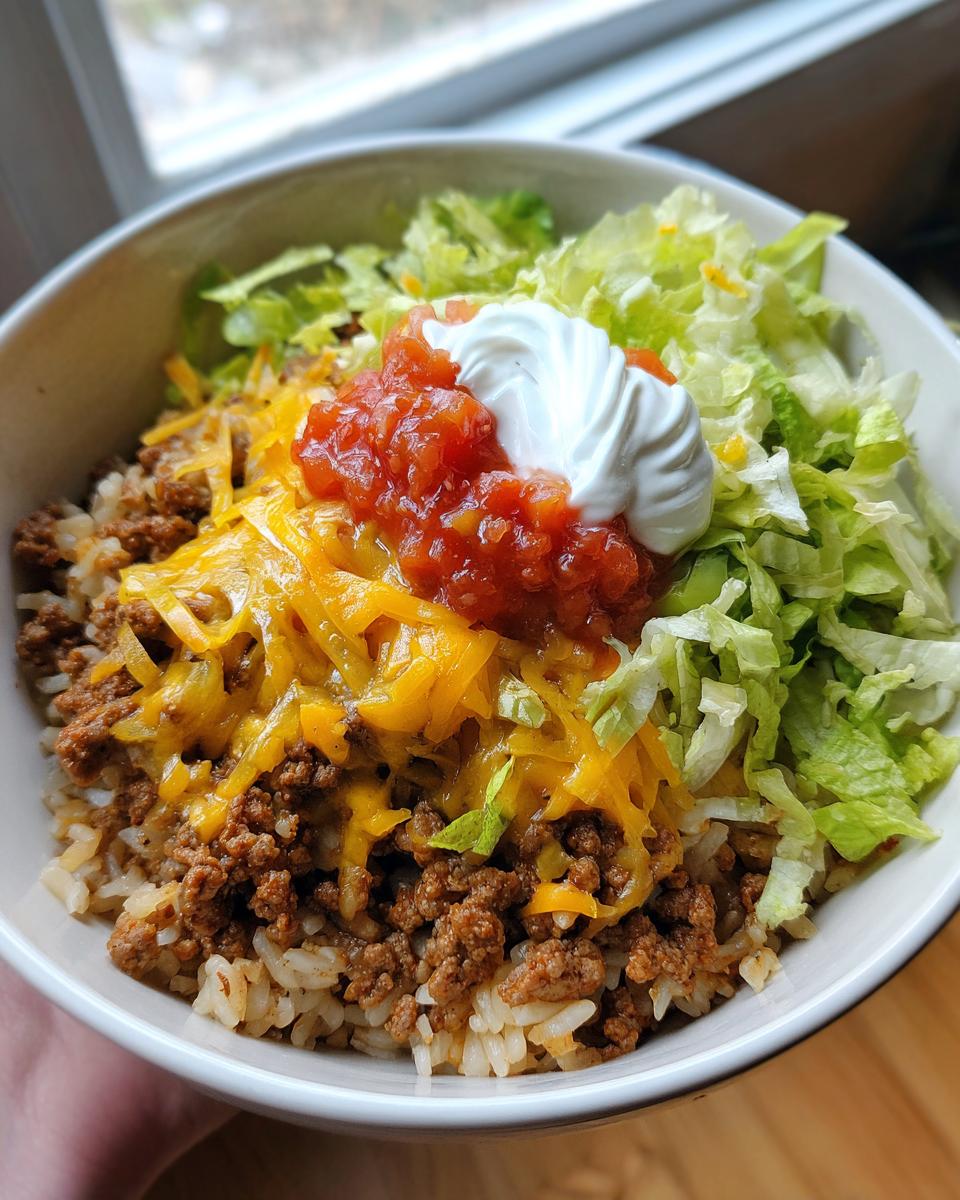 Overhead view of an Easy Taco Rice Bowl with seasoned ground beef, rice, cheese, lettuce, salsa, and sour cream.