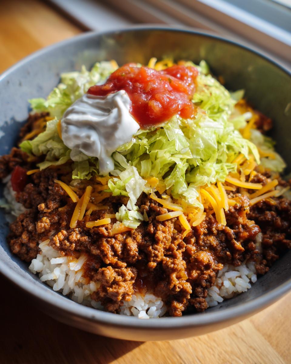 A flavorful Easy Taco Rice Bowl topped with ground beef, cheese, lettuce, sour cream, and salsa.