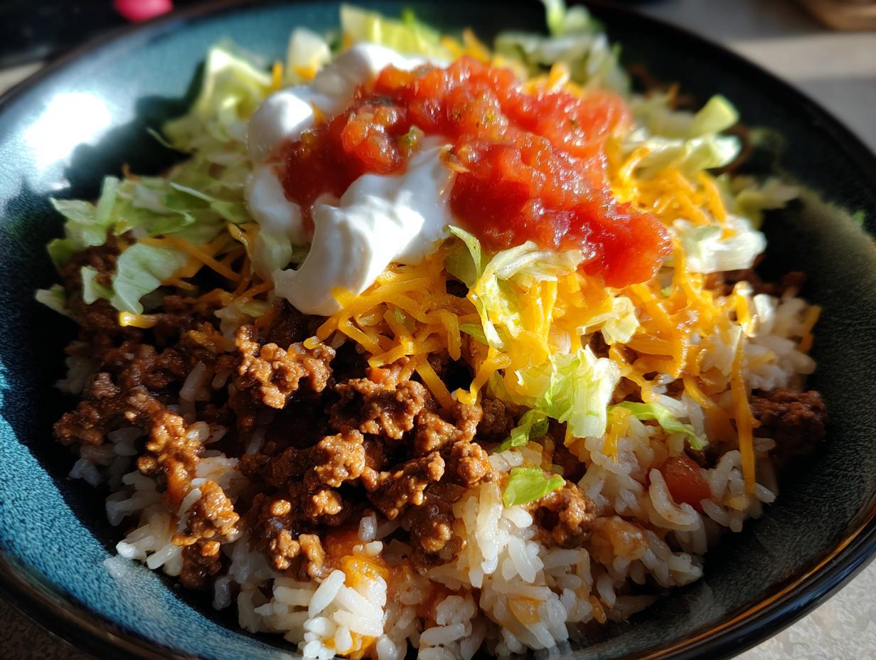 A colorful easy taco rice bowl with ground beef, rice, lettuce, cheese, sour cream, and salsa.