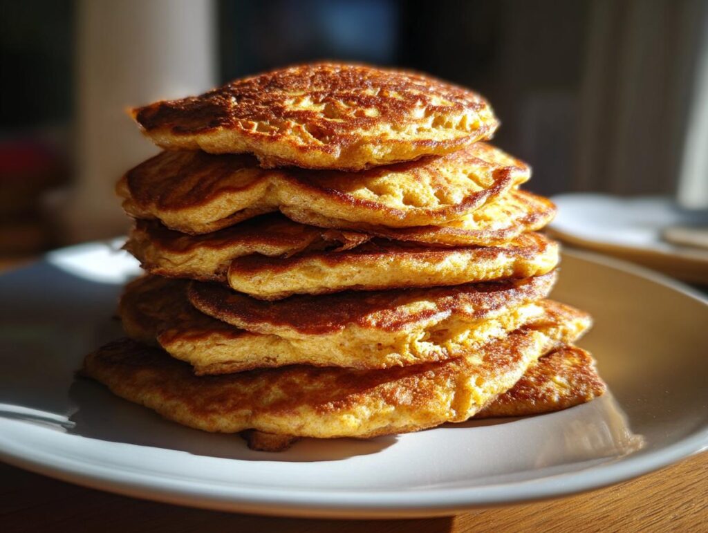 A stack of golden brown Energizing Red Lentil Pancakes on a white plate, ready to eat.
