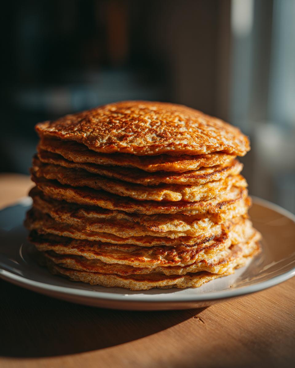 A tall stack of golden brown Energizing Red Lentil Pancakes on a white plate.