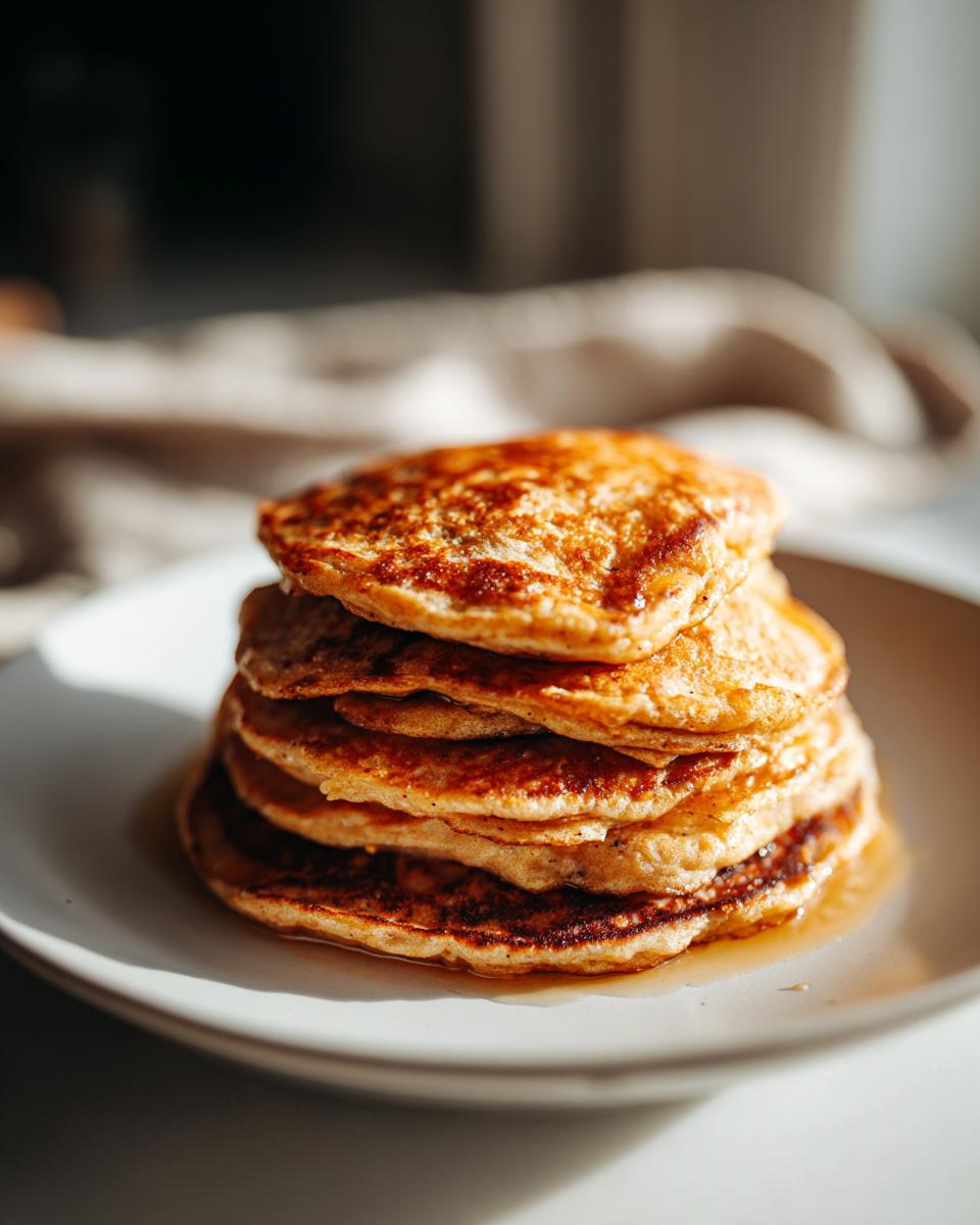 A stack of golden brown Energizing Red Lentil Pancakes drizzled with syrup on a white plate.