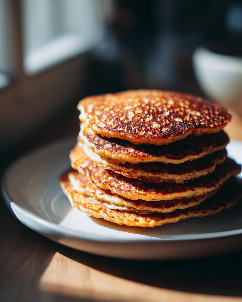 A stack of golden brown Energizing Red Lentil Pancakes on a white plate, ready to be enjoyed.