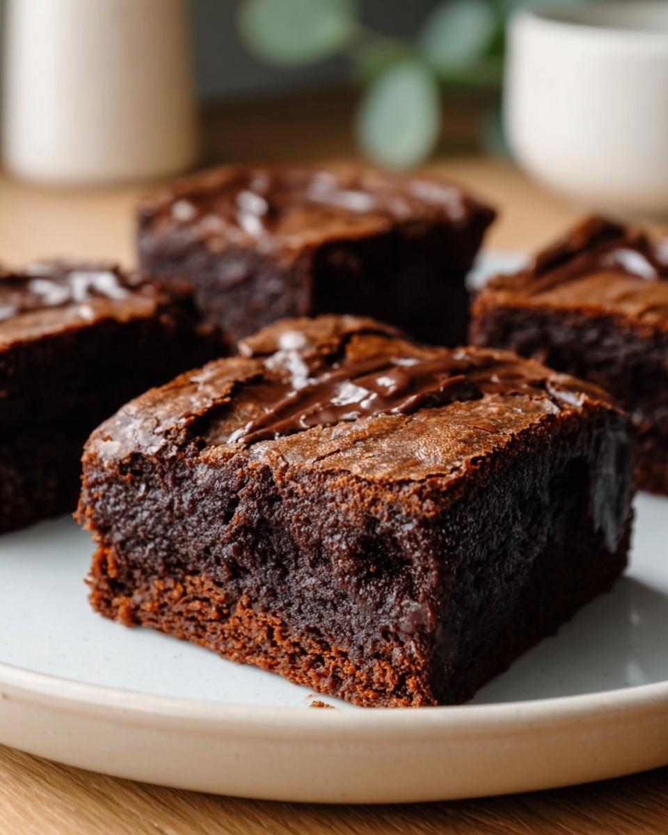 Four flourless greek yogurt brownies arranged on a plate, showcasing their rich chocolate texture.