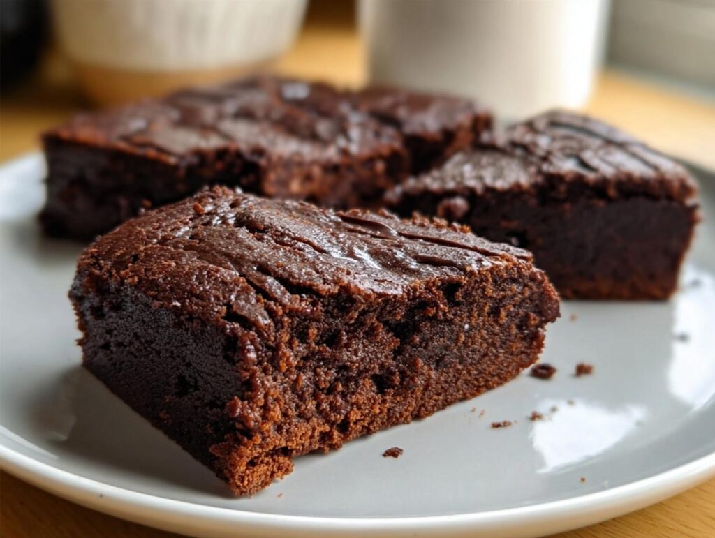 Close-up of flourless greek yogurt brownies on a plate, showcasing their rich, fudgy texture.