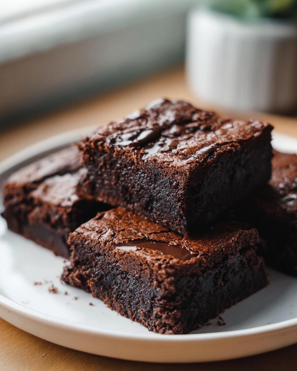 A stack of delicious, fudgy flourless greek yogurt brownies on a white plate.