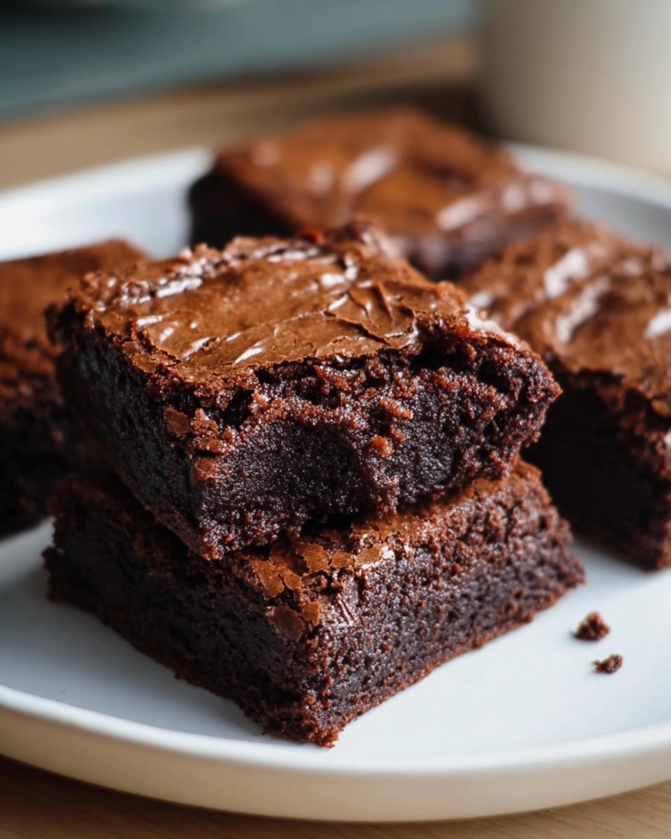 A stack of delicious flourless greek yogurt brownies on a white plate, showcasing their fudgy texture.