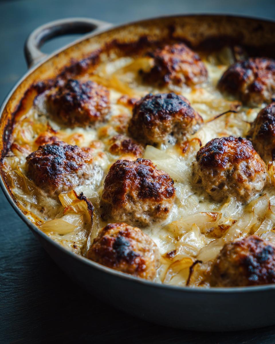 Close-up of French Onion Meatballs baked in a dish with caramelized onions and melted cheese.