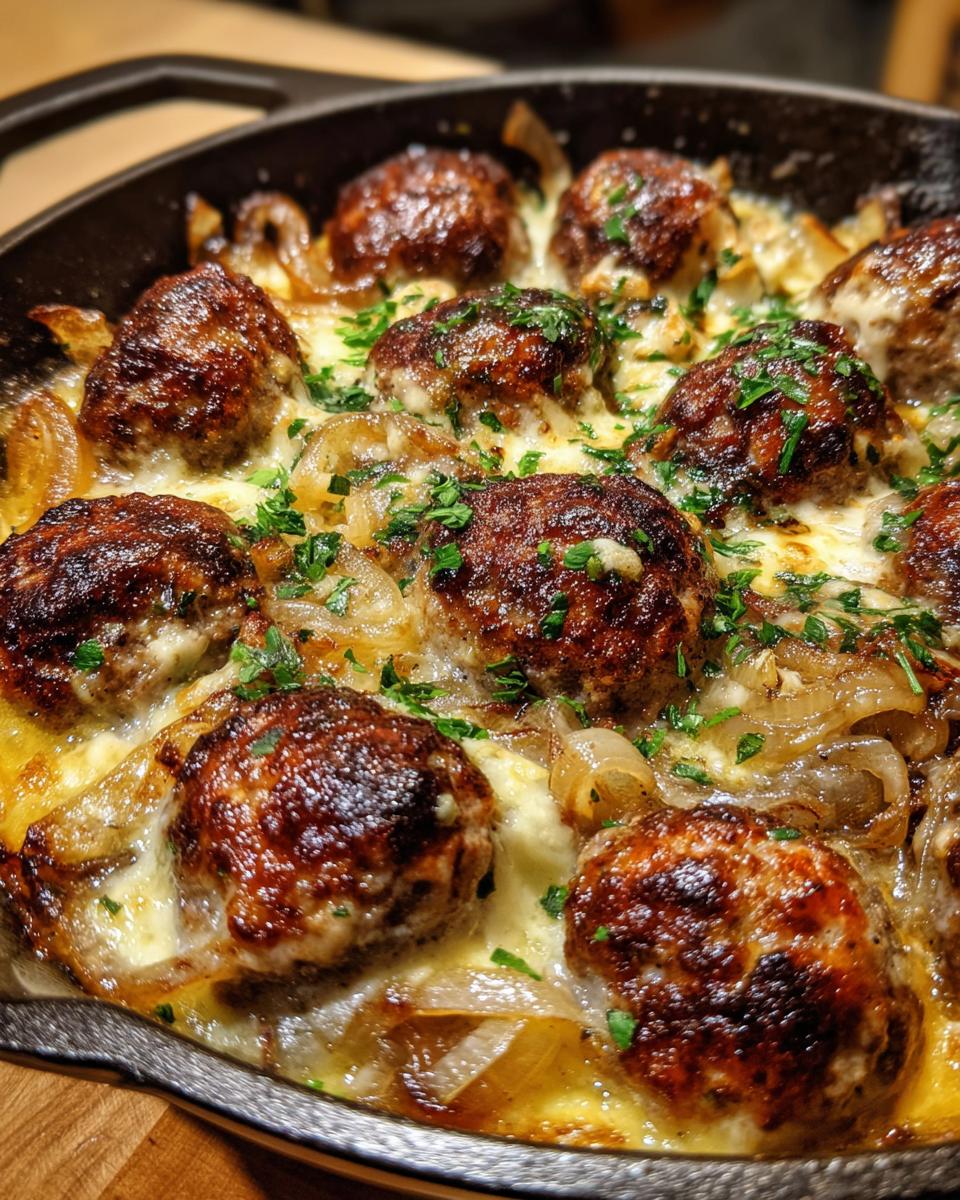 Skillet of French Onion Meatballs with melted cheese, caramelized onions, and parsley garnish.