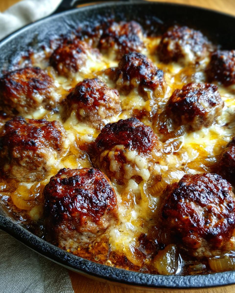 Close-up of French Onion Meatballs in a skillet, topped with melted cheese and caramelized onions.