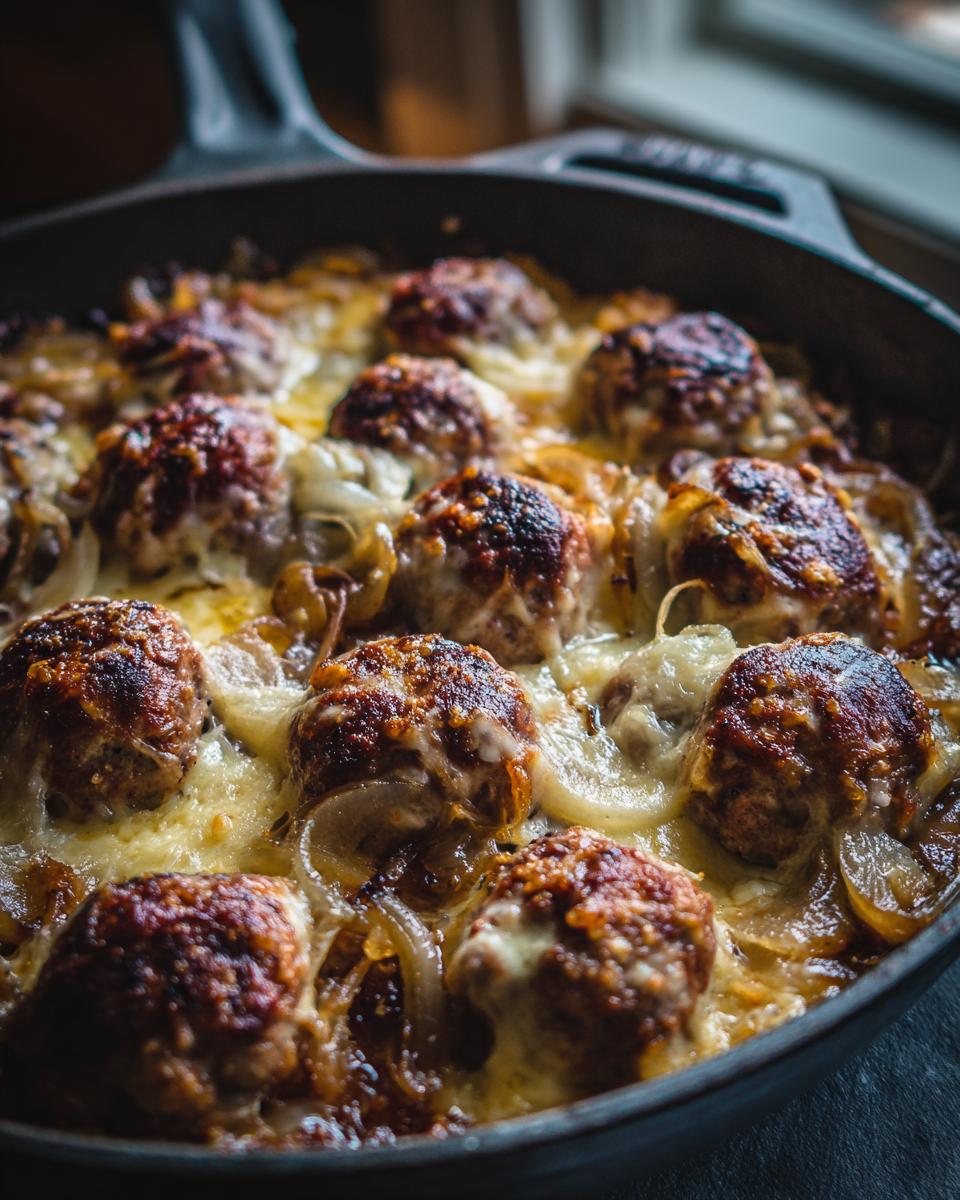 A skillet filled with French Onion Meatballs, caramelized onions, and melted cheese.