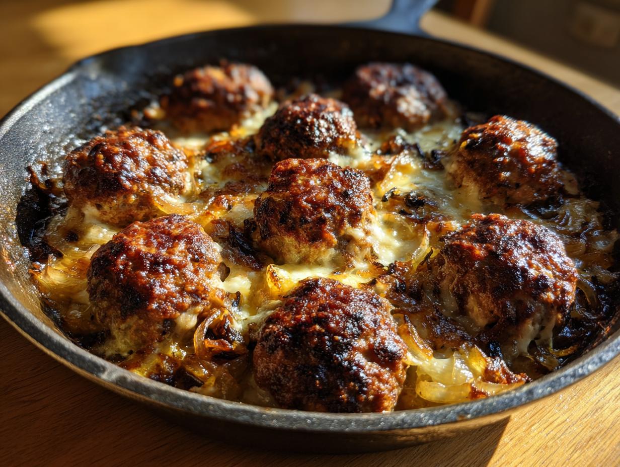 Close-up of French Onion Meatballs baked in a cast iron skillet with caramelized onions and melted cheese.