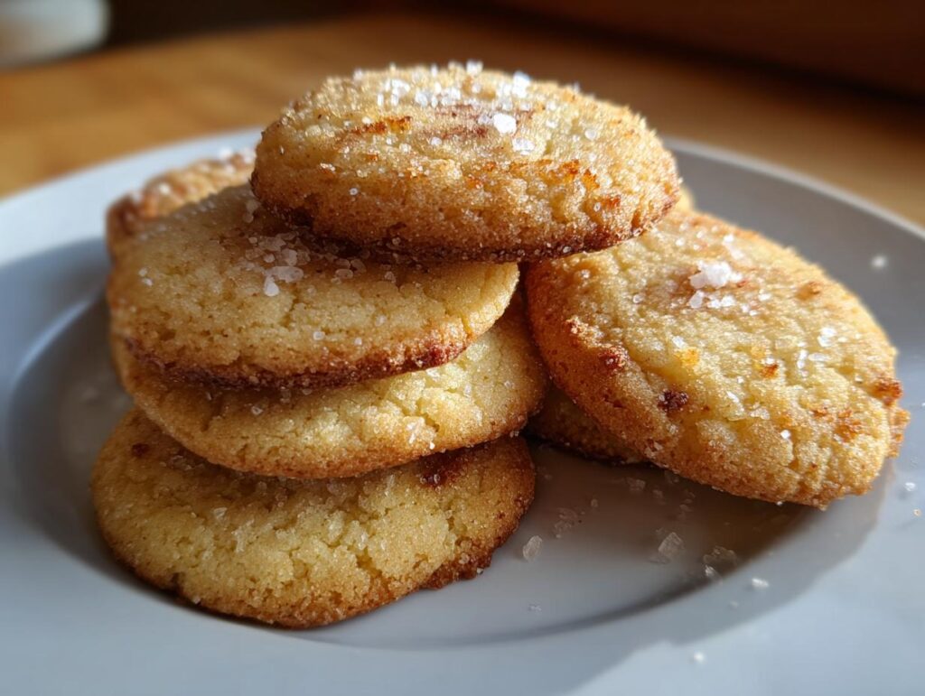 A stack of golden French Salted Butter Cookies on a plate, sprinkled with sea salt.
