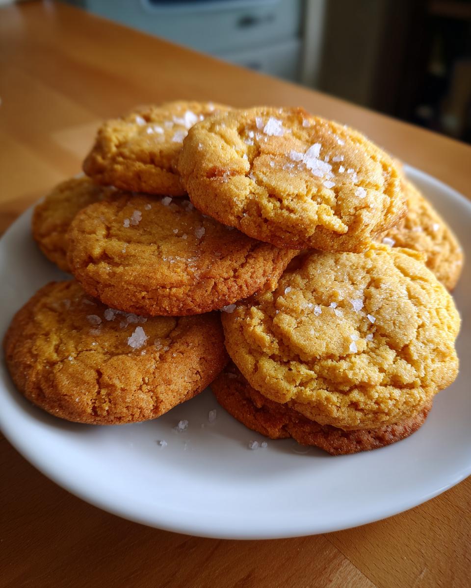 A stack of golden French Salted Butter Cookies, sprinkled with coarse sea salt, on a white plate.