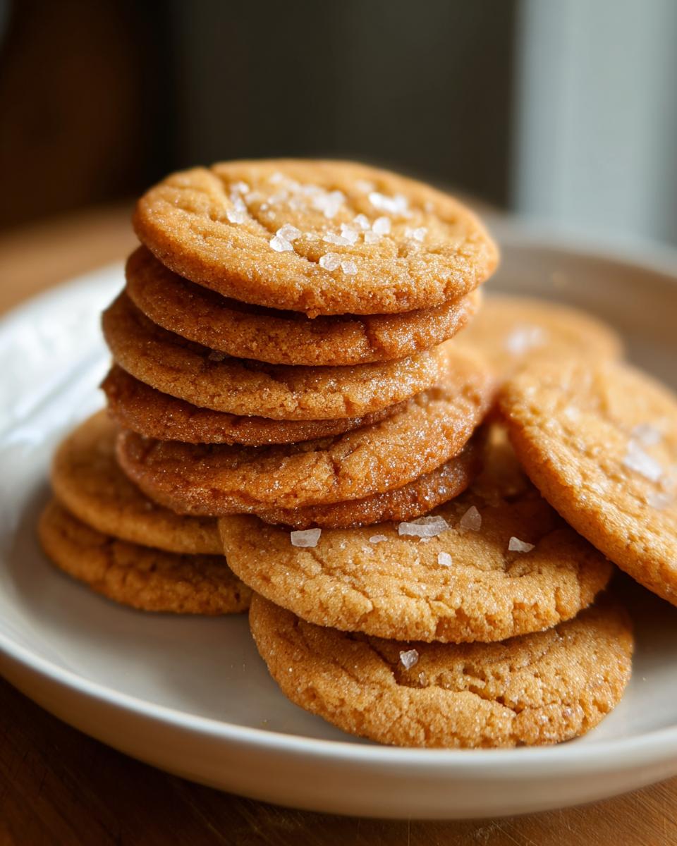 A stack of golden brown French Salted Butter Cookies on a white plate, sprinkled with coarse sea salt.