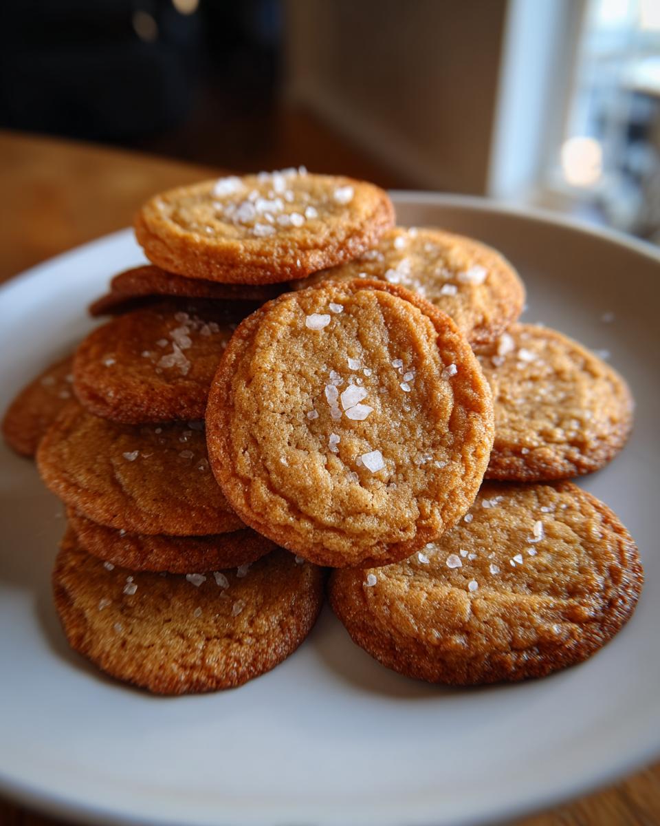 A stack of golden brown French Salted Butter Cookies, sprinkled with sea salt, on a plate.