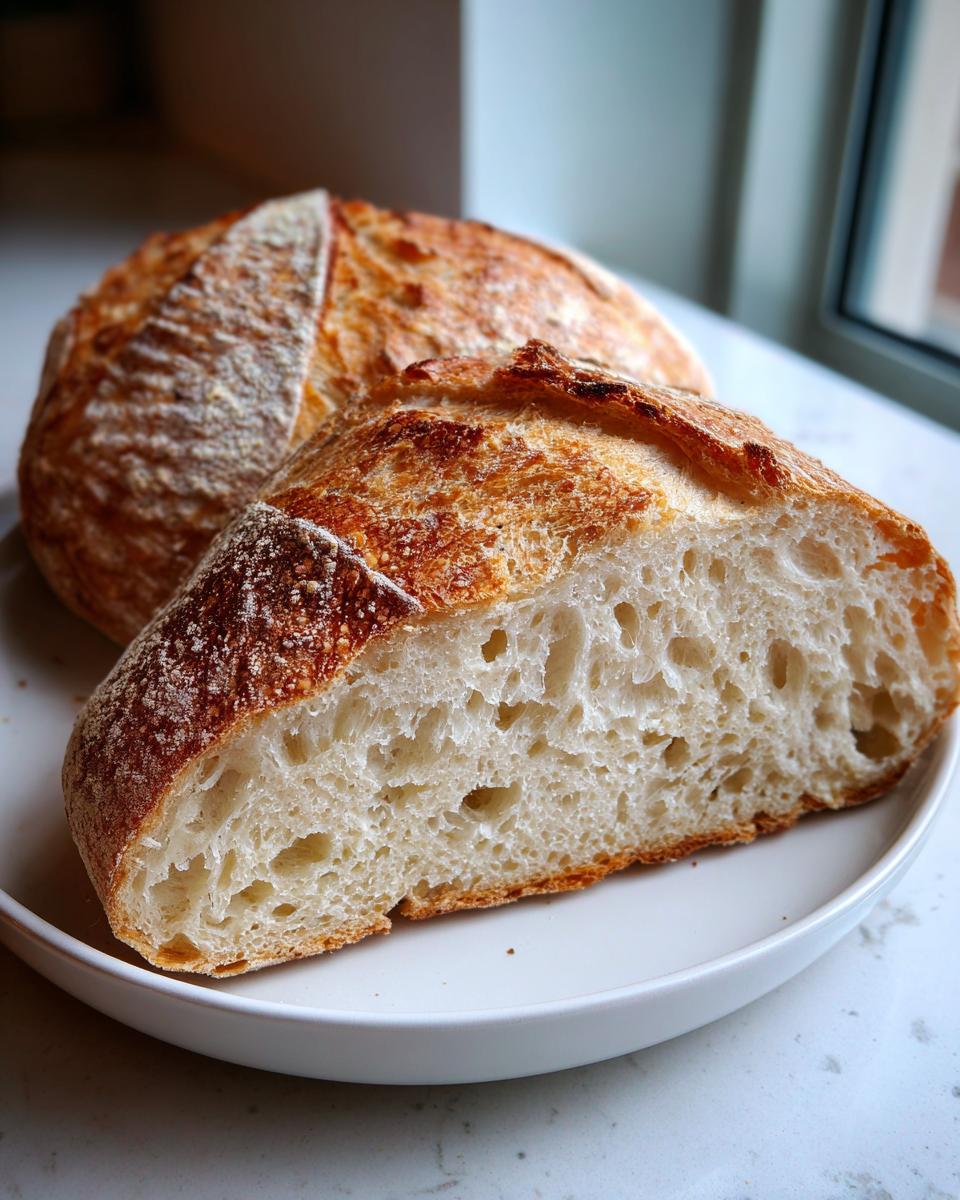 A loaf of Fresh Italian Bread, with a slice cut to show the airy crumb, sits on a white plate.