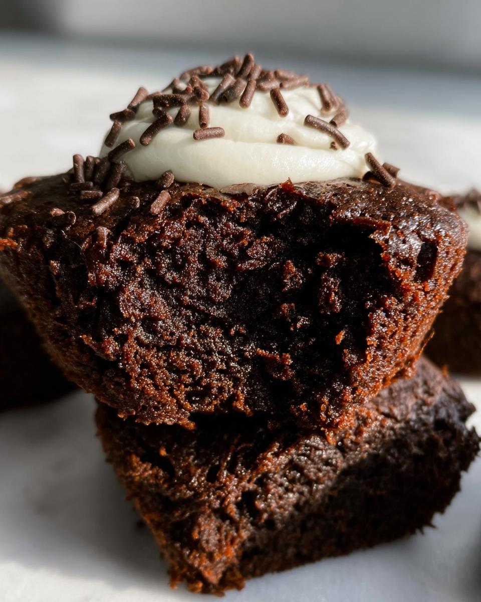 Close-up of a fudgy Protein Brownie with white frosting and sprinkles, showing its moist texture.
