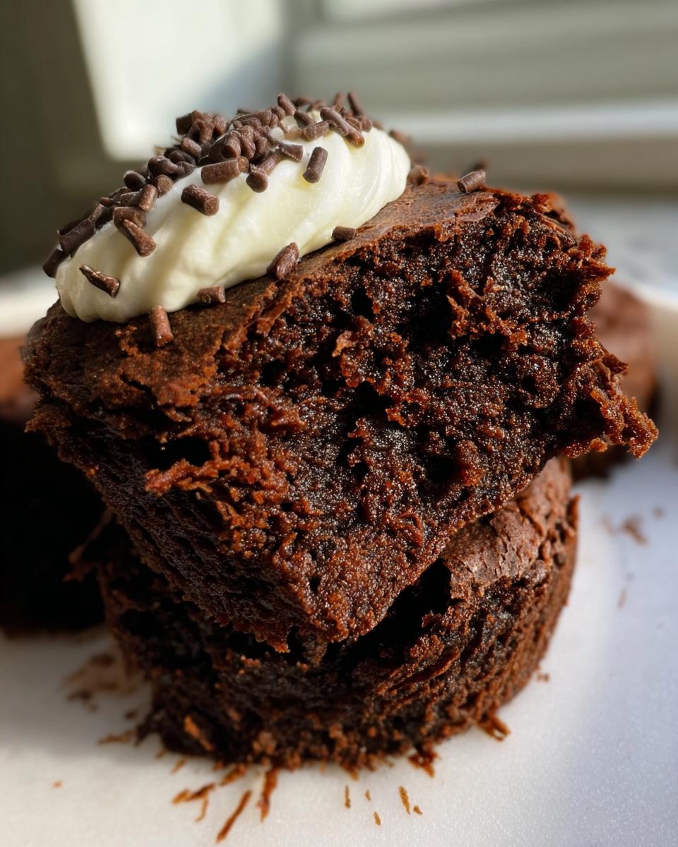 A stack of fudgy Protein Brownie topped with cream and chocolate sprinkles. Close-up shot.