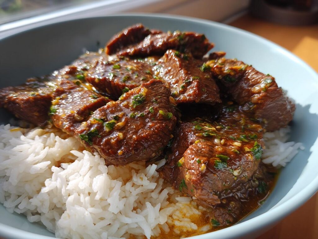Close-up of a bowl of Garlic Butter Beef and Rice, featuring tender beef pieces and fluffy white rice.